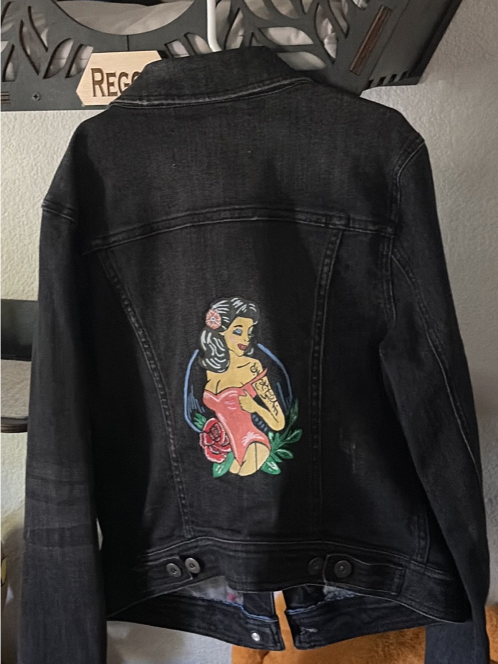 Black Denim Jacket with Pink Pin-Up Back Graphic